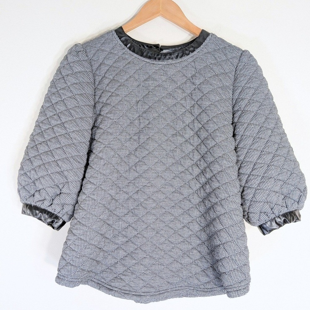 Quilted Houndstooth Pullover Sweater Top w/ Faux Leather Trim